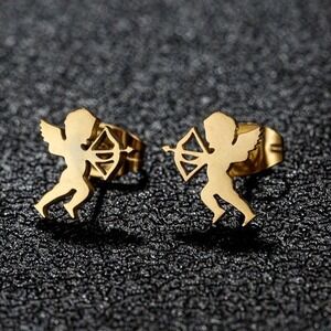 Gold Cupid Earrings Angel Bow Arrow Studs Jewelry Women Girls Stainless‎ Steel